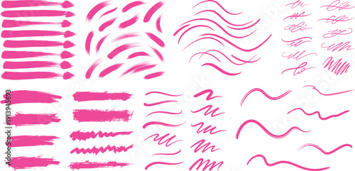 Pink Brush Strokes and Wavy Lines Set – Abstract Paint Smears and Hand Drawn Elements Collection