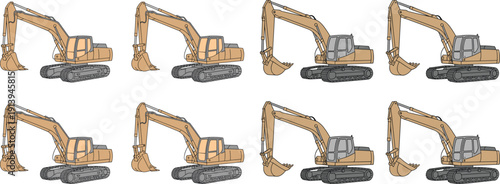 Excavator construction machinery collection, heavy equipment vector set, crawler digger illustrations, industrial building machines for engineering, mining and construction