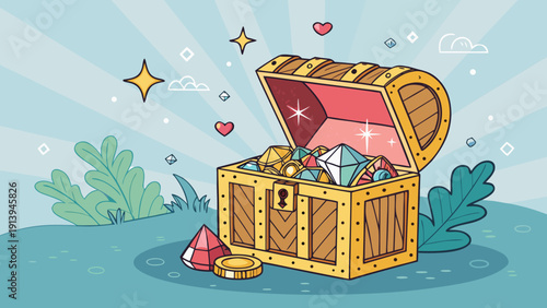 Vibrant treasure chest overflowing with precious jewels and coins in lush scenery