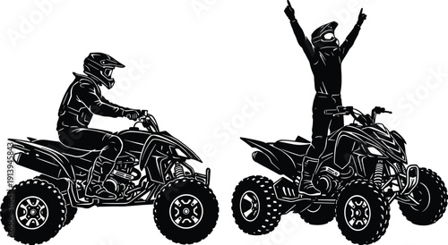 ATV quad bike rider silhouette, extreme off road racing action, motocross adventure sport concept, outdoor motor vector illustration