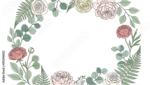 Floral wreath with roses and leaves illustration on a white background viewed from above
