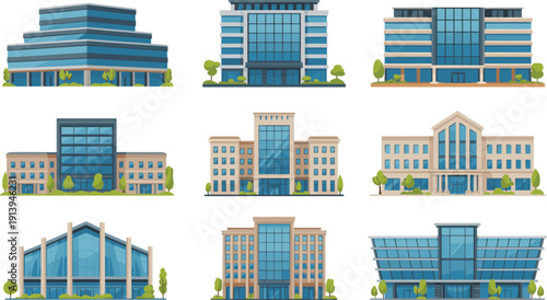Modern commercial building illustration set, office complexes, corporate headquarters, business centers, urban architecture, glass facades, flat design vector collection, artwork