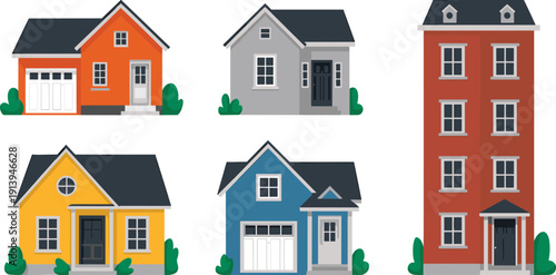 Residential house illustration set, modern homes, colorful facades, suburban buildings, detached houses, townhouse architecture, real estate vector collection, flat design