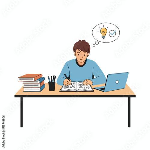Young Man Studying at Desk with Creative Idea