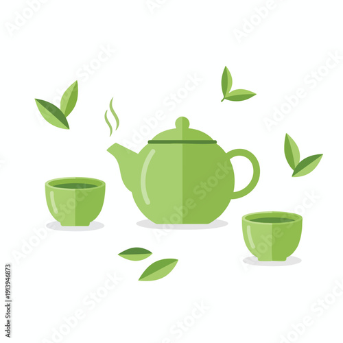 Green Tea Set with Leaves