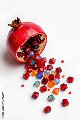 A surreal pomegranate, cracked open to spill geometric, jewel toned crystals instead of arils, off white background, bright high key studio lighting, minimal composition, large negative space