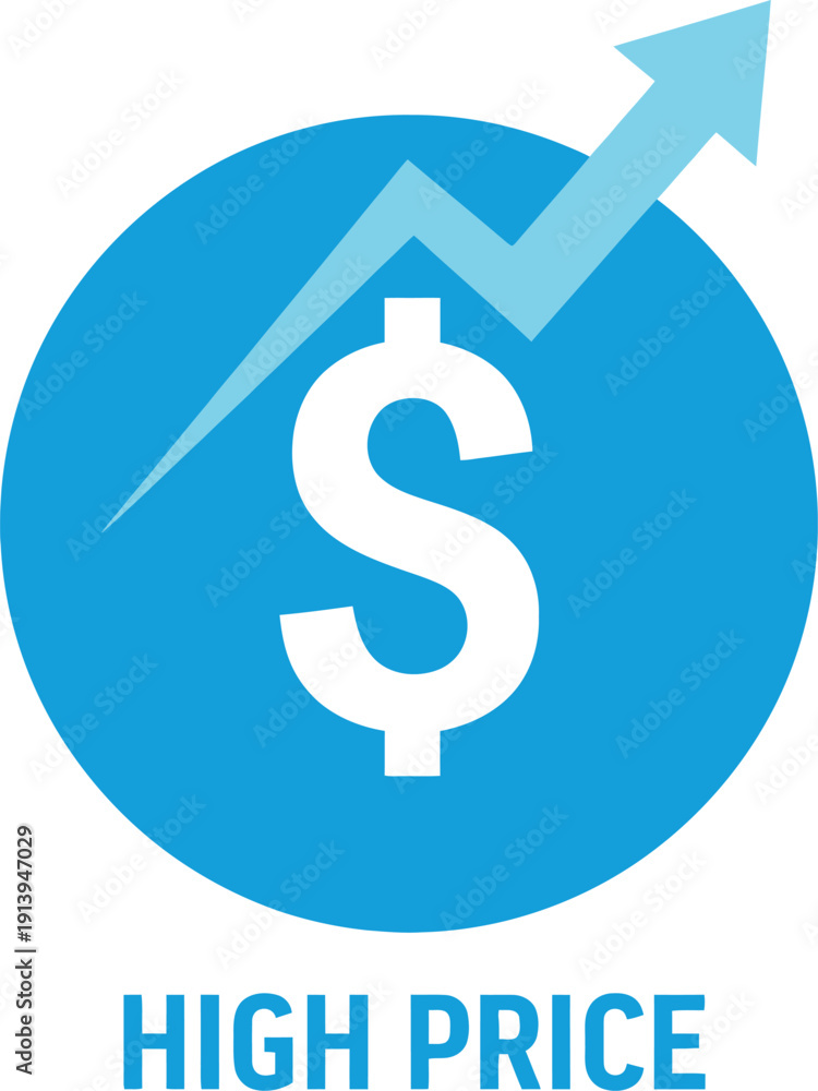 Obraz premium A blue circular icon with a white dollar sign and an upward arrow indicating high price. Vector