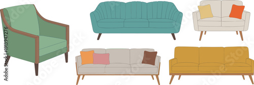 Modern sofa and armchair furniture set illustration, colorful living room seating collection mid century style flat vector design