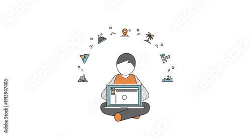 Young person sitting cross-legged, engrossed in a laptop with a semicircle of small icons representing various activities and travel destinations above their head, symbolizing digital exploration 