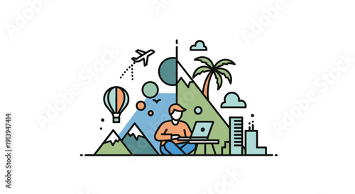 Digital Nomad Lifestyle A Person Working Remotely With Laptop Amidst Travel and Nature Elements