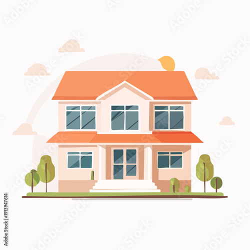 Cozy Two-Story Family Home with Greenery and Sunny Sky Illustration