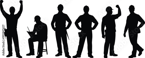 Construction worker silhouette bundle, industrial builder poses, safety helmet men, engineer teamwork concept, black vector people icons collection