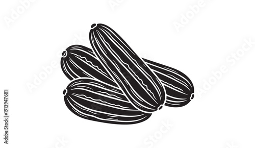 Three Cucumbers, Stylized Line Art, Black and White, Isolated