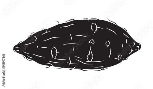 Sweet Potato Silhouette with White Outline, Isolated on White Background, Stock Graphic