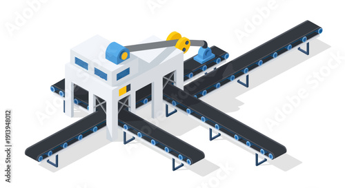 Industrial conveyor belt system with robotic arm and sorting facility.