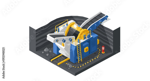 Isometric illustration of industrial crusher machine in operation.