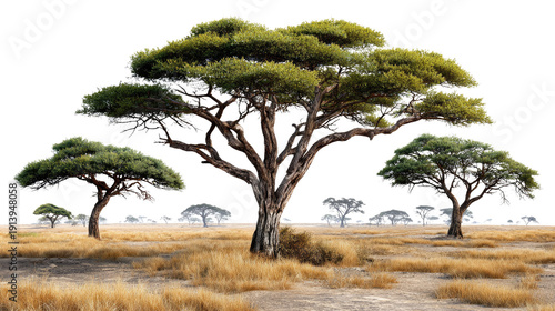 Serengeti's Guardian Trees: Majestic trees stand sentinel on the vast, golden savanna under a bright, clear sky, their intricate forms a testament to the resilience of nature.