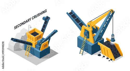 Industrial 3D models of secondary crushing machines for mining and quarrying operations.