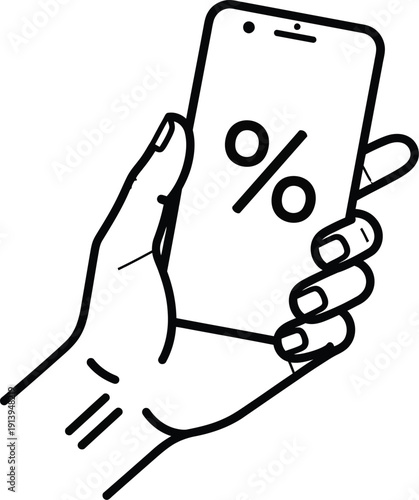Hand holding a smartphone with a percentage sign on the screen representing online shopping discounts. Vector