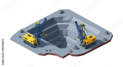 Isometric illustration of construction site with excavators and cranes.