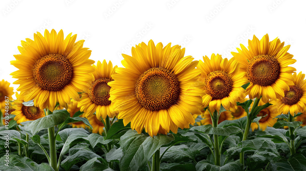 Obraz premium Golden Sunflower Field: A vibrant and lively field of sunflowers basks in the sun, presenting a beautiful natural display with their bright yellow petals.