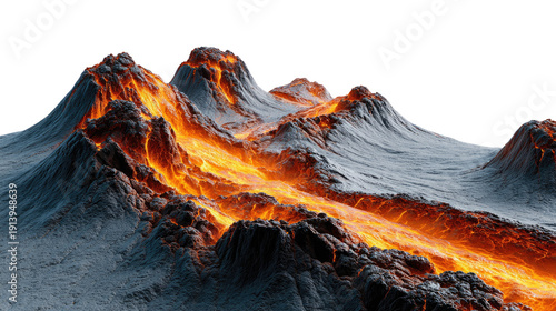 Volcanic Landscape: A fiery spectacle of molten lava flows through a rugged, ashen terrain, creating a dramatic display of nature's raw power.