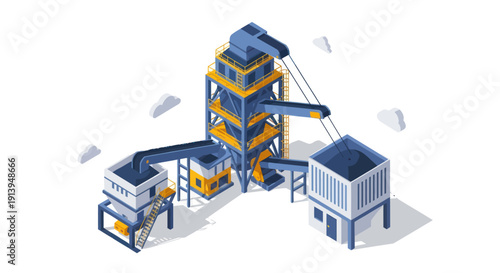 Industrial facility with conveyor belt and storage containers.