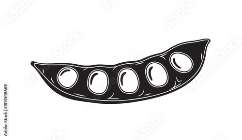 Soybean Pod Silhouette with Multiple Beans Inside, Isolated on White