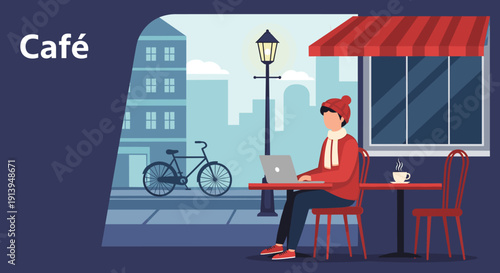 Man enjoying a warm beverage and working on a laptop at an outdoor cafe table on a chilly day, with a bicycle parked nearby on the sidewalk and a cityscape in the background