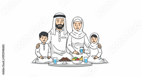 Illustration of a Middle Eastern family in traditional white attire sitting around a meal on a large platter with blue cups on a white background.