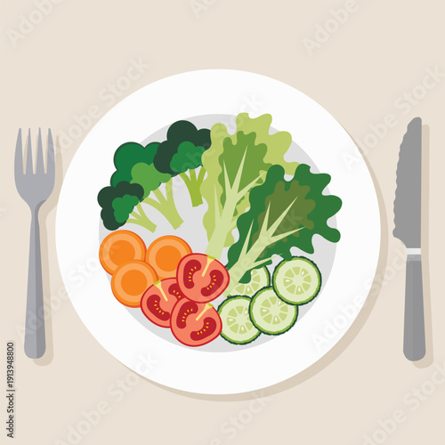 Flat vector illustration of healthy dish with vegetables, minimalistic vector style.eps