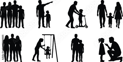 Family silhouette vector bundle, parents with children activities, father mother kid poses, outdoor parenting lifestyle concept, black people icon set