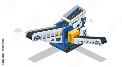 Industrial crusher machine with conveyor belts and chute.