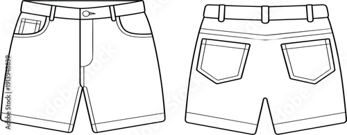 Men's denim shorts technical vector sketch, casual summer jean shorts with pockets for apparel fashion design