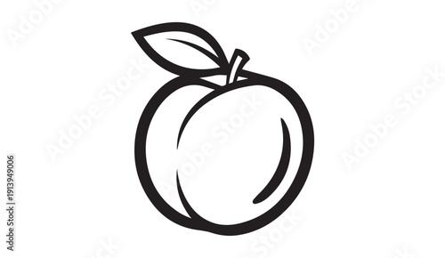 Simple line drawing of a peach with a leaf, isolated on white background