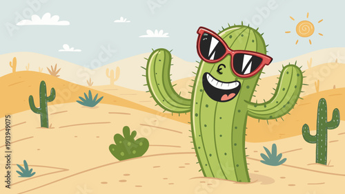 Smiling cactus wearing sunglasses in desert landscape with sandy dunes