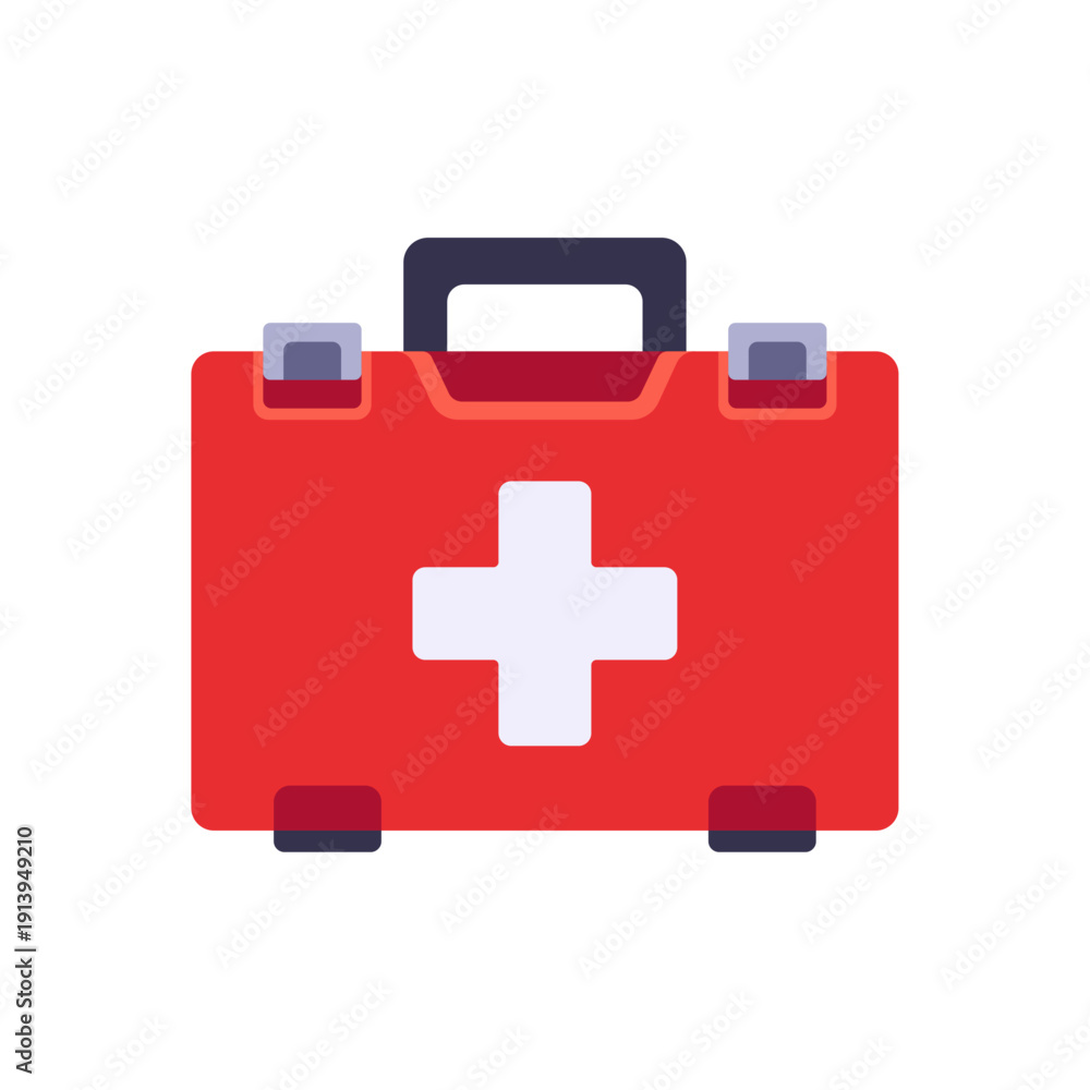 Obraz premium red first aid kit, emergency medicine, white cross, colorful vector flat style illustration