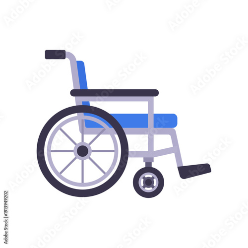 blue wheelchair, mobility aid, patient rehabilitation, colorful vector flat style illustration