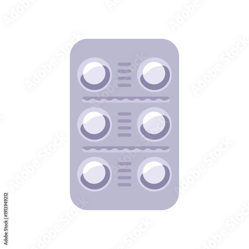 gray pill blister pack, pharmacy medicine, white tablets, colorful vector flat style illustration