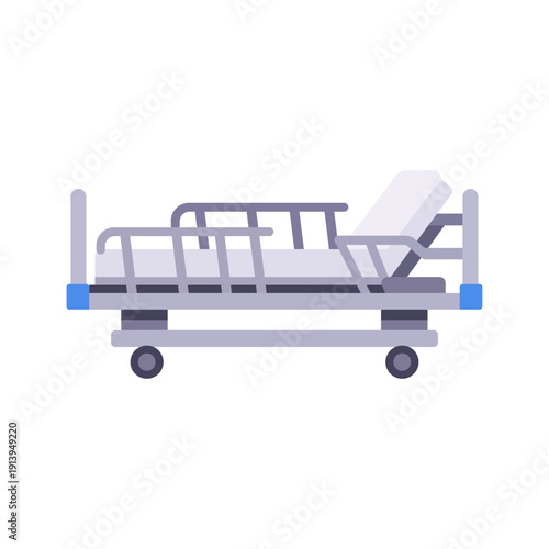 gray hospital bed, white mattress, inpatient care, colorful vector flat style illustration
