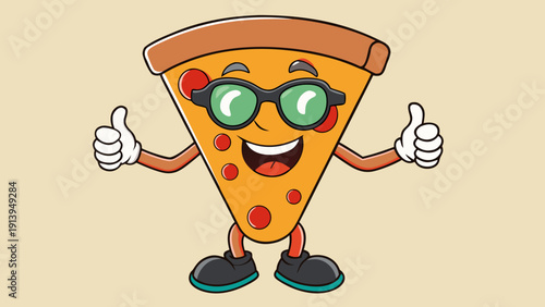 Fun cartoon pizza slice character giving thumbs up with trendy glasses