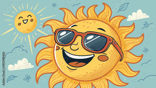 Smiling sun wearing sunglasses on a bright sunny day with clouds