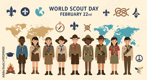 Flat vector illustration for World Scout Day on February 22, celebrating the birthday of Baden Powell, founder of scouting, showing global unity, leadership, education, and youth values.