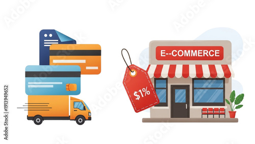E-commerce storefront with delivery truck and credit cards nearby in a digital marketplace