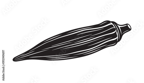 Okra Vegetable Illustration, Black and White, Isolated on White Background