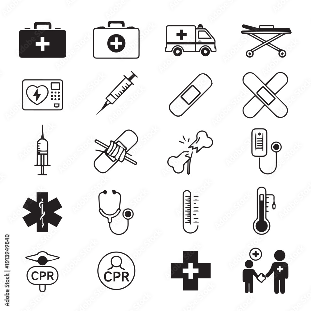 Obraz premium Medical icons set featuring black vector symbols for healthcare, hospital, doctor, and heart in a simple web design style.