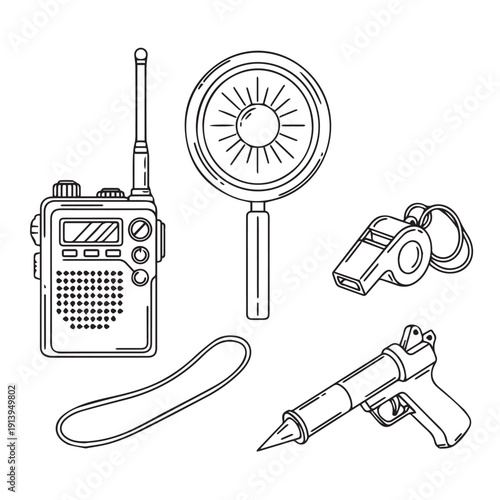 Vintage hand drawn vector illustration set featuring a police gun and construction tool bag with a screw and sketch design equipment icons.