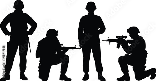 Military soldier silhouette vector collection, armed combat poses, tactical army troops, black special forces characters, defense security illustration set