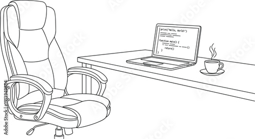 Office workspace line illustration, laptop coding desk setup, ergonomic chair, coffee cup, programmer home office concept, outline vector