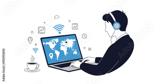 A 3d cartoon illustration of a business woman typing on a laptop computer keyboard in an office setting to represent a web connection and internet communication technology concept